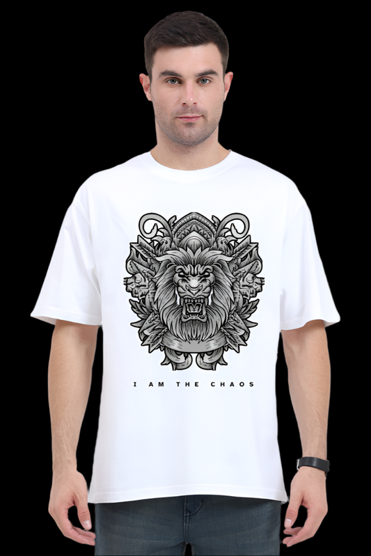 ViNK I Am the Chaos CEO Edition Lion oversize t-shirt in White, featuring a high-detail tribal lion graphic for unisex wear; a customised printed t-shirt in 240 GSM cotton that defines the powerlook for modern-day alphas