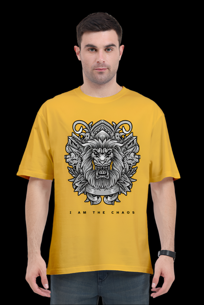 ViNK I Am the Chaos CEO Edition Lion oversize tshirt in golden yellow, featuring a high-detail tribal lion graphic for unisex wear; a customised printed t-shirt in 240 GSM cotton that defines the powerlook for modern-day alphas