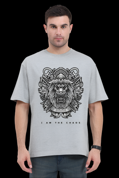 ViNK I Am the Chaos CEO Edition Lion oversize tshirt in grey melange, featuring a high-detail tribal lion graphic for unisex wear; a customised printed t-shirt in 240 GSM cotton that defines the powerlook for modern-day alphas