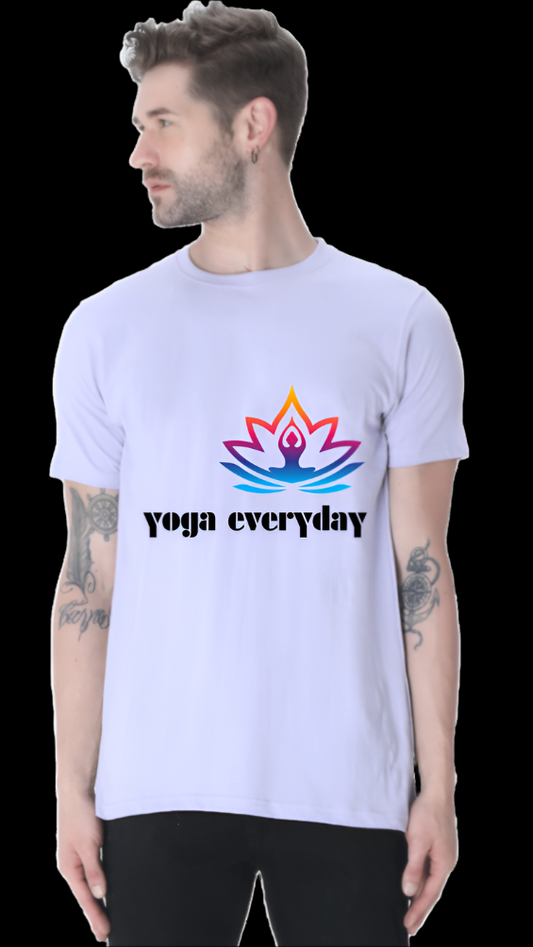 ViNK Centred In Light Lotus Classic Crewneck Lavender unisex yoga-everyday t-shirt - Model showcasing a front view that features a vibrant, multicolored lotus with a radiant flame at its heart, symbolizing inner peace, energy, and spiritual awakening, accompanied by the inspiring phrase 'yoga everyday' to encourage a daily commitment to wellness and mindful living