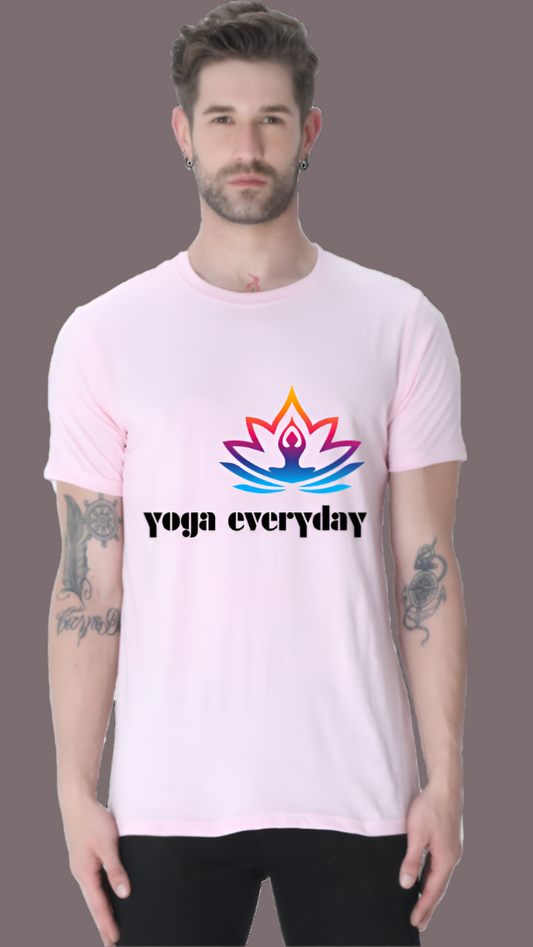 ViNK Centered In Light Lotus Classic Crewneck Light Baby Pink unisex yoga-everyday t-shirt - Model showcasing a front view that features a vibrant, multicolored lotus with a radiant flame at its heart, symbolizing inner peace, energy, and spiritual awakening, accompanied by the inspiring phrase 'yoga everyday' to encourage a daily commitment to wellness and mindful living