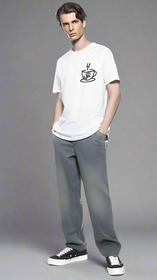 ViNK Coffee Lovers Crewneck white men t-shirt - Male Model in a Front View featuring his daily coffee ritual