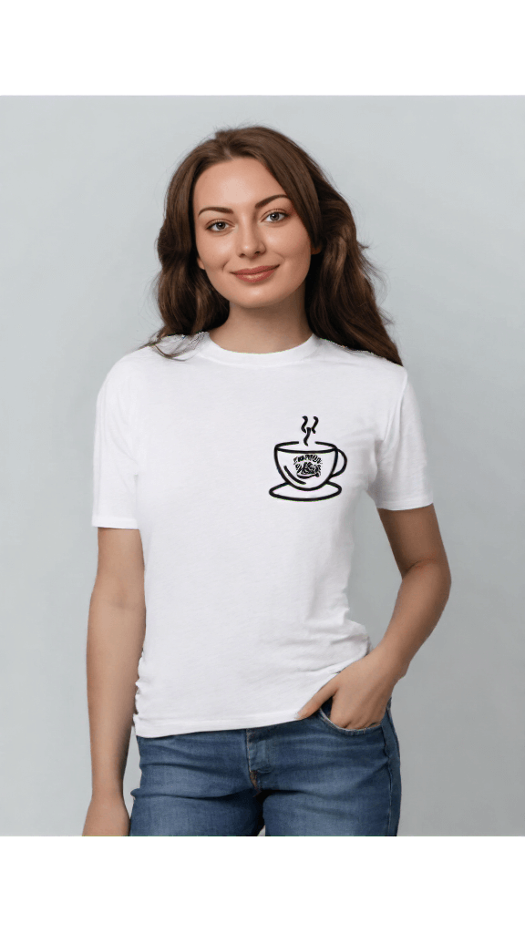 ViNK Coffee Lovers Crewneck white women t-shirt - Female Model in a Front View owning her daily coffee ritual look in a closeup shot
