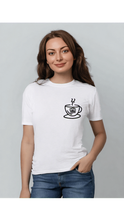 ViNK Coffee Lovers Crewneck white women t-shirt - Female Model in a Front View owning her daily coffee ritual look in a closeup shot