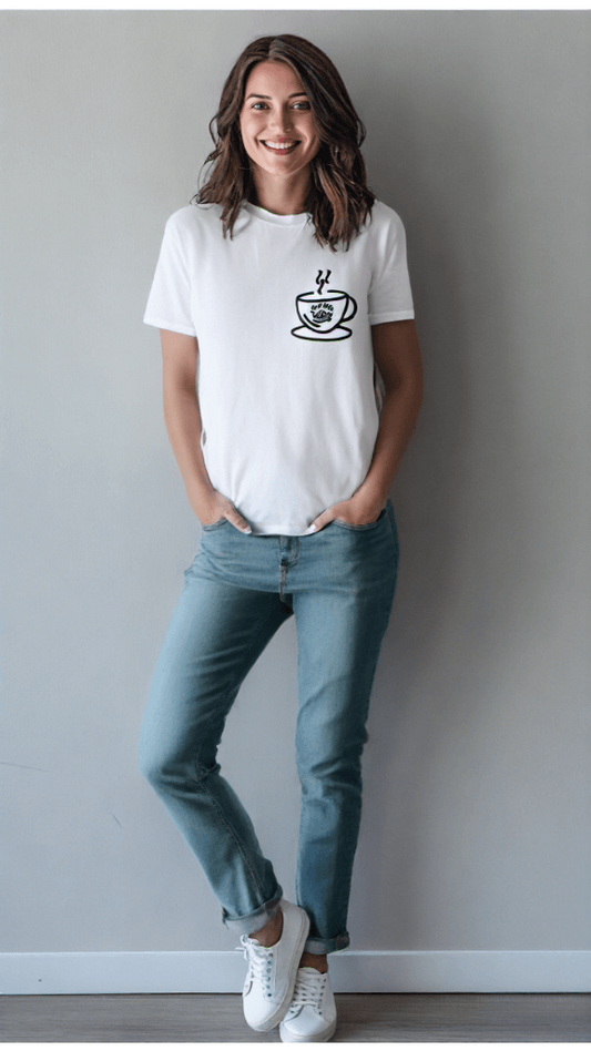 ViNK Coffee Lovers Crewneck white women t-shirt - Female Model in a Front View wearing her daily coffee ritual