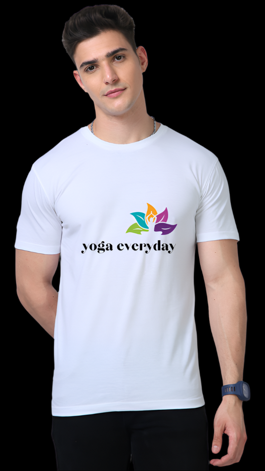ViNK Lotus Awakening Supima Cotton White unisex yoga-everyday t-shirt - Model showcasing a front view that features front features a vibrant lotus flower composed of multi-colored petals — green for growth, blue for tranquility, purple for spiritual wisdom, and orange for energy — surrounding a meditative figure at the center, paired with the text "yoga everyday," beautifully symbolizing the journey of daily mindfulness, balance, and inner awakening