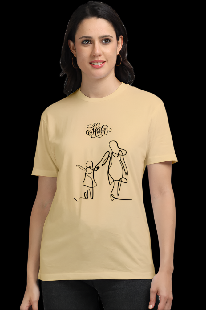 Front design of the ViNK “Mom & Me” Supima Cotton graphic t-shirt featuring a tender illustration of a mother and daughter walking hand-in-hand, accompanied by a handwritten “Love u Mom” script — a visual love note to everyday moments shared between mother and child. Available in S to 5XL.