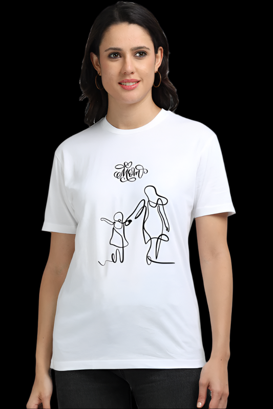 Front design of the ViNK “Mom & Me” Supima Cotton graphic t-shirt featuring a tender illustration of a mother and daughter walking hand-in-hand, accompanied by a handwritten “Love u Mom” script — a visual love note to everyday moments shared between mother and child. Available in S to 5XL.