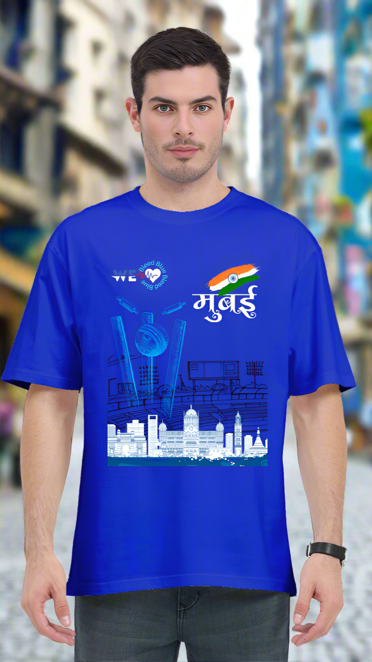 ViNK Mumbai The City Of Dreams Bleed Blue Fans Unisex Royal Blue T-Shirt, model in a front view