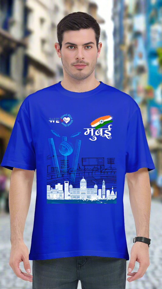 ViNK Mumbai The City Of Dreams Bleed Blue Fans Unisex Royal Blue T-Shirt, model in a front view