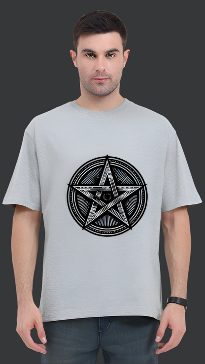 ViNK Pentagram Symbolic Graphic Grey-Melange Oversized Unisex Tee. Model showcasing the front view that features the pentagram in a monochrome graphic design on the chest.
