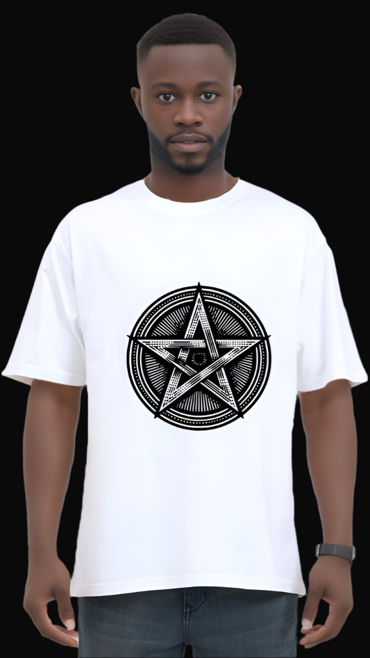 ViNK Pentagram Symbolic Graphic White Unisex Oversized Tee. Model showcasing the front view that features the pentagram in a monochrome graphic design on the chest