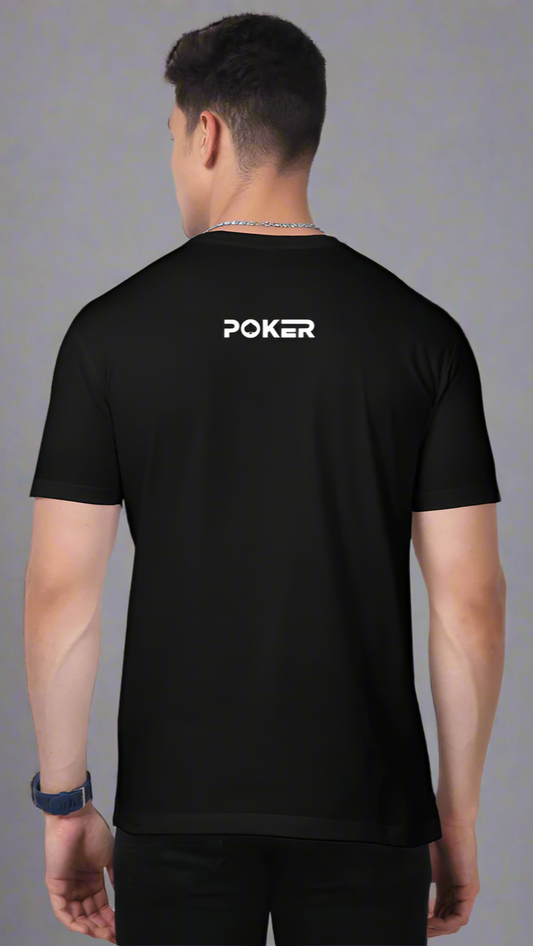 ViNK Poker Edition Fate Deals The Card You Control The Game Black Unisex T-shirt, model showcasing the back view that features the clean, elegant game night call sign "POKER" on his back