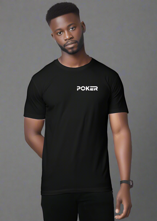 ViNK Poker Edition I Am The Game Supima Cotton black unisex t-shirt, model showcasing the front view that features "POKER" a clean, elegant game night call sign
