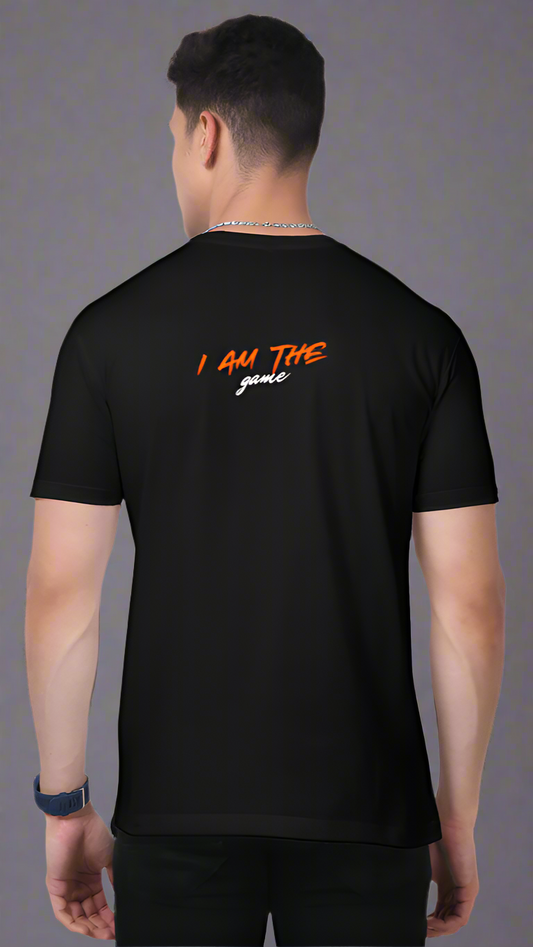 ViNK Poker Edition I Am The Game Supima Cotton black unisex t-shirt, model showcasing the back view featuring the power statement 'I Am The Game' tagline