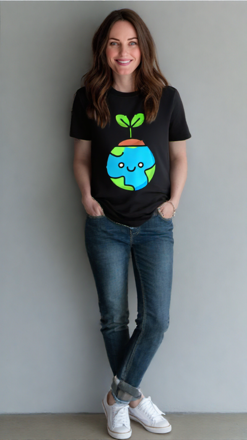 ViNK Save Soil Earth Day Edition, black unisex tee, model wearing front view featuring the globe transformed into a smiling emoji, cradled by vibrant trees in blue and green