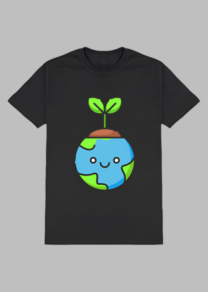 ViNK Save Soil Earth Day Edition, black tee, front view featuring the globe transformed into a smiling emoji, cradled by vibrant trees in blue and green 