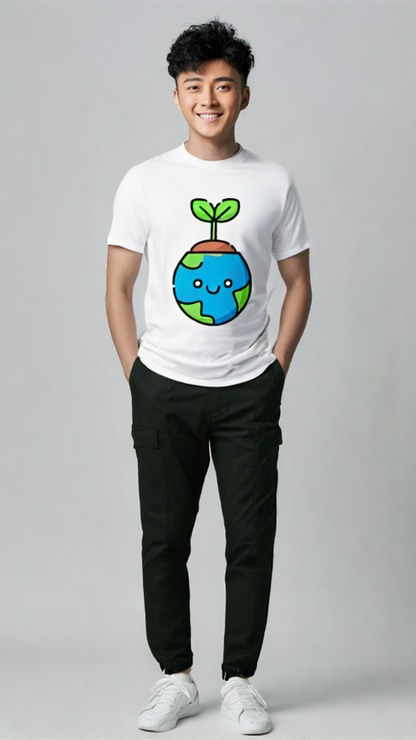 ViNK Save Soil Earth Day Edition, white unisex tee, model wearing front view featuring the globe transformed into a smiling emoji, cradled by vibrant trees in blue and green