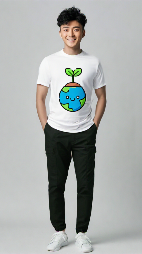 ViNK Save Soil Earth Day Edition, white unisex tee, model wearing front view featuring the globe transformed into a smiling emoji, cradled by vibrant trees in blue and green