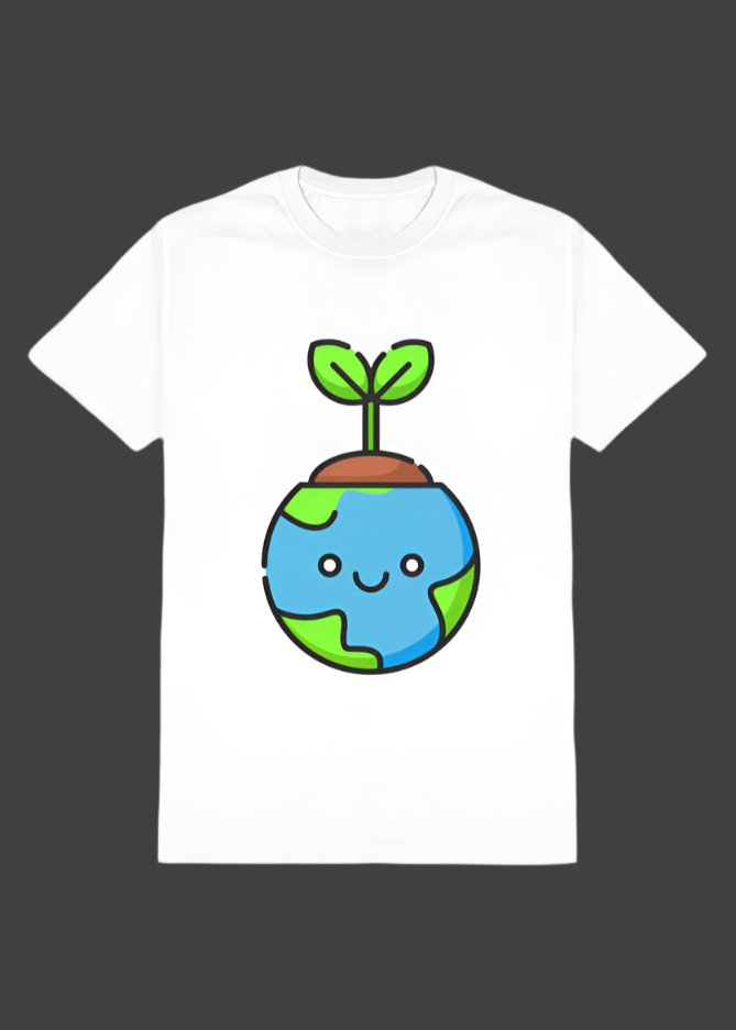 ViNK Save Soil Earth Day Edition, white tee, front view featuring the globe transformed into a smiling emoji, cradled by vibrant trees in blue and green