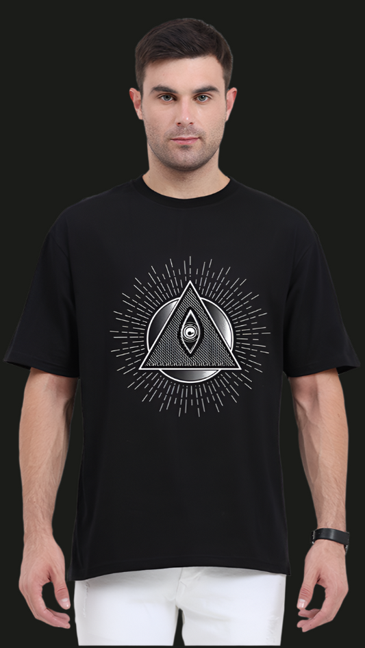 ViNK Eye of Providence Vintage Black Oversized Unisex T-shirt. Model wearing a relaxed fit featuring the monochromatic eye of providence in the front