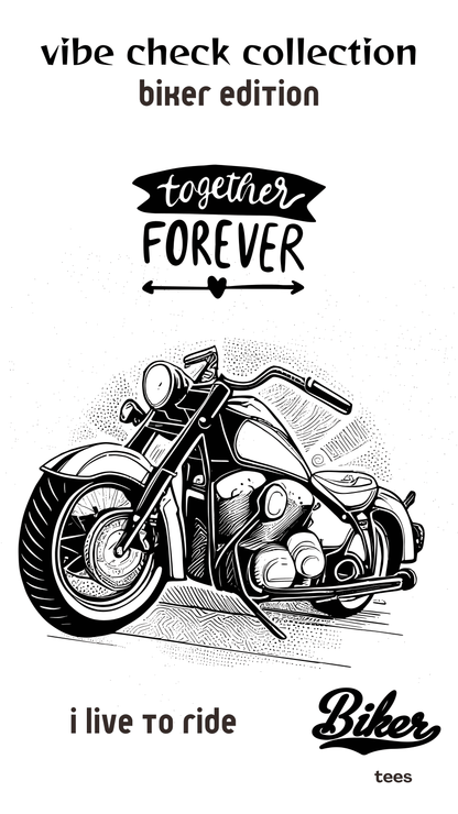 ViNK ‘Biker Forever: I Live to Ride – Cruiser Code’ graphic crewneck t-shirt drop banner featuring a bold ‘Together Forever’ tagline above a hand-drawn lowrider cruiser. Designed as a powerlook for the modern-day alpha, the customised print is finished with a weathered ‘BIKER’ stamp on the back—an iconic mark that signals silent loyalty to the rider code.