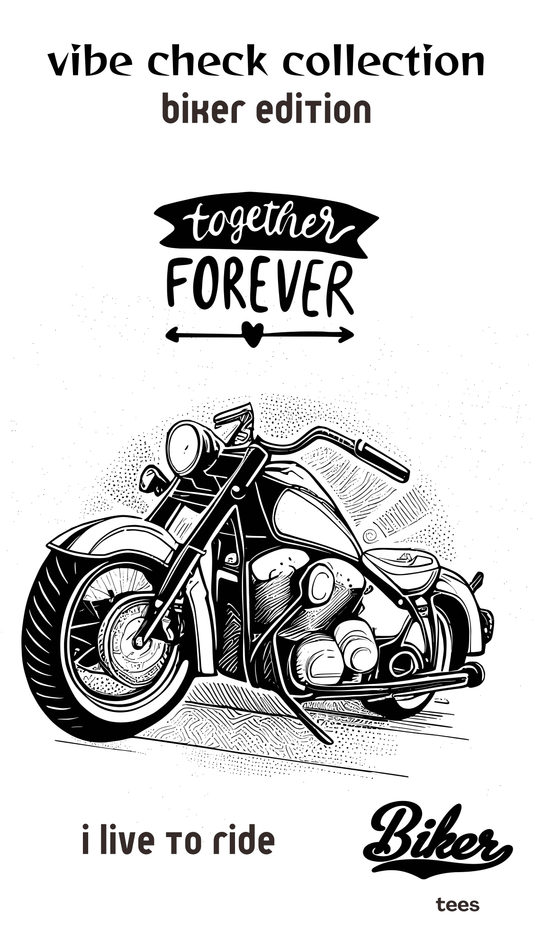 ViNK ‘Biker Forever: I Live to Ride – Cruiser Code’ graphic crewneck t-shirt drop banner featuring a bold ‘Together Forever’ tagline above a hand-drawn lowrider cruiser. Designed as a powerlook for the modern-day alpha, the customised print is finished with a weathered ‘BIKER’ stamp on the back—an iconic mark that signals silent loyalty to the rider code.