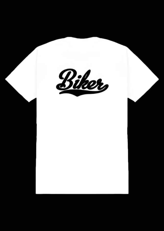 ViNK white biker unisex tee featuring the all weathered 'BIKER' stamp on the back– the kind that gets a chin lift from strangers who know the code.