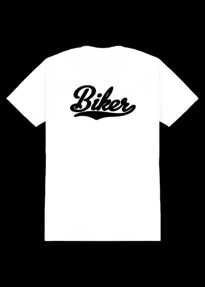 ViNK white biker unisex tee featuring the all weathered 'BIKER' stamp on the back– the kind that gets a chin lift from strangers who know the code.