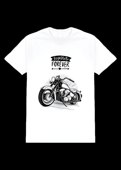 ViNK white unisex biker tee featuring 'Together Forever' bold text above a detailed lowrider custom cruiser motorcycle illustration, an ode to the bond shared between the rider and his cruiser