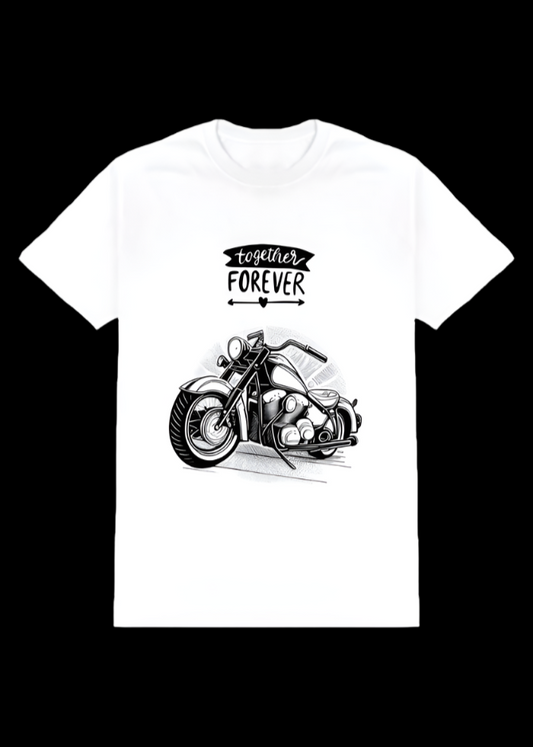 ViNK white unisex biker tee featuring 'Together Forever' bold text above a detailed lowrider custom cruiser motorcycle illustration, an ode to the bond shared between the rider and his cruiser