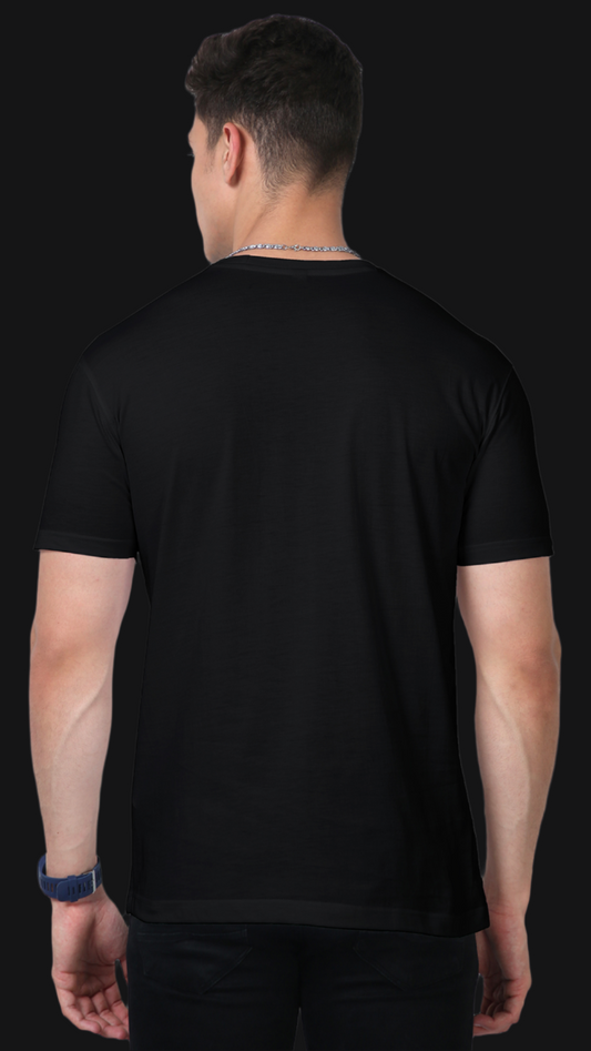 ViNK Celestial Moon Sun Mystical Oversized Black Unisex Tee. Model showcasing the back that features a minimalistic design
