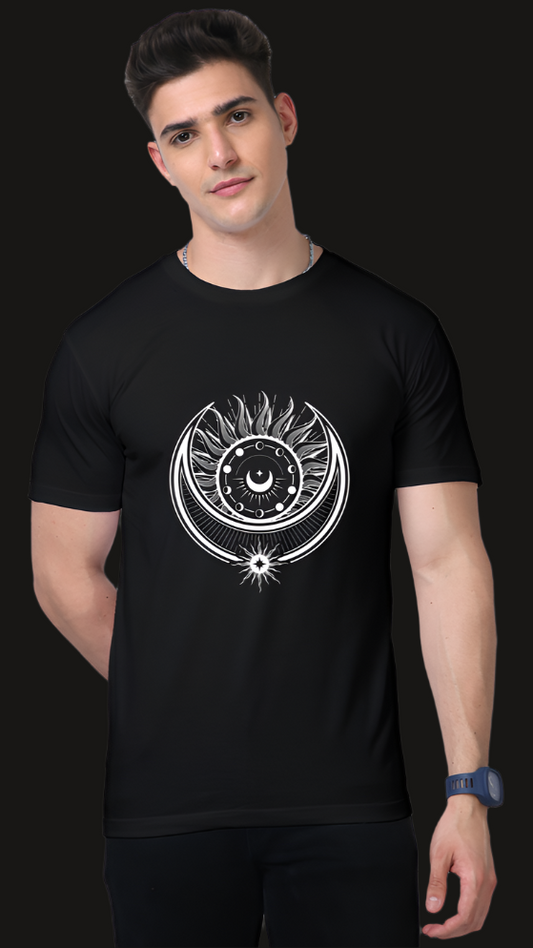 ViNK Celestial Moon Sun Mystical Solar Mandala Oversized Black Unisex Tee. Model showcasing the front that features the celestial moon and sun mystical solar mandala design symbolizing balance, renewal, and cosmic power