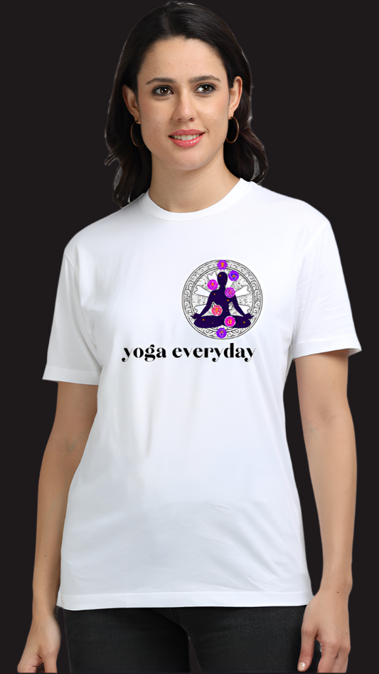 ViNK Charka Alignment Supima Cotton White unisex yoga-everyday t-shirt - Model showcasing a front view that features the seeker meditating in the lotus position, aligning their chakras, with the Wheel of Time glowing in the backdrop