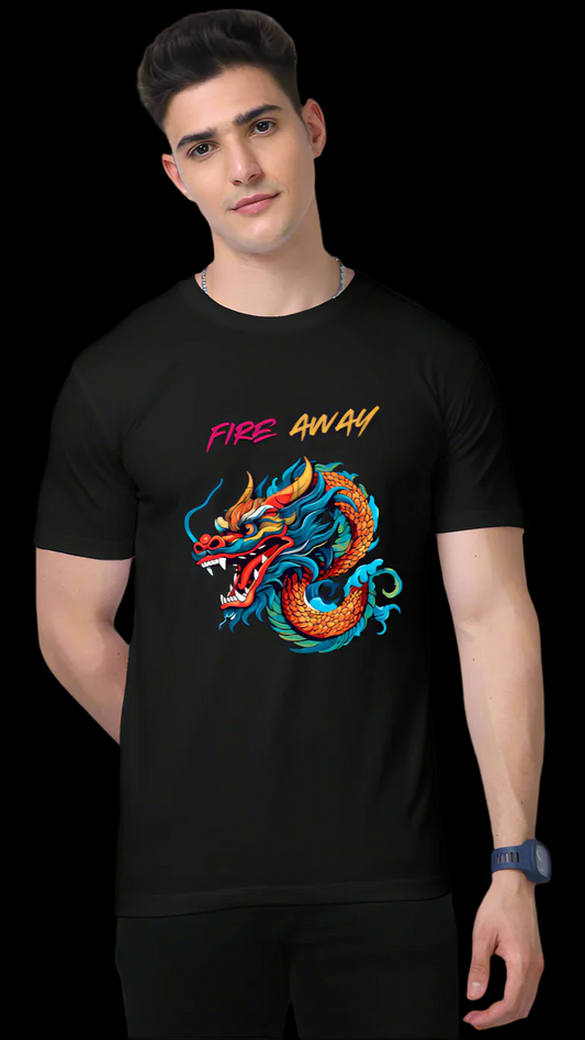 ViNK Dragon Lord Fire Away unisex Graphic T-Shirt featuring a customised print of a multicoloured dragon, symbolising strength and power, with the bold Fire Away call to action on the front that embodies the spirit of fearless ambition. Perfect for the modern-day alpha who thrives amid chaos.