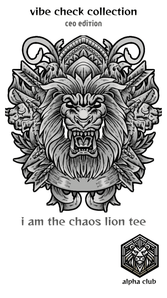 ViNK I Am the Chaos CEO Edition Warrior Lion customised printed t-shirts drop live banner, featuring a high-detail tribal warrior lion graphic for unisex wear; a oversize t-shirt in 240 GSM cotton that defines the powerlook for modern-day alphas with the minimalistic yet powerful Alpha Club logo on the back
