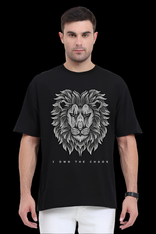 ViNK 'I Own The Chaos' CEO Edition black oversize t-shirt featuring a majestic lion chest graphic - premium 240GSM cotton front customised print T-shirt for the modern day alphas powerlook