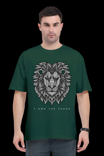 ViNK 'I Own The Chaos' CEO Edition bottle green oversize t-shirt featuring a majestic lion chest graphic - premium 240GSM cotton front customised print T-shirt for the modern day alphas powerlook