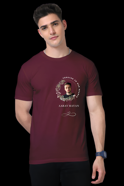 Front design of the ViNK “iN Loving Memory – Forever iN Our Hearts” supima cotton Tee featuring a portrait of a loved one inside a botanical frame, with the inscription “iN Loving Memory Of” above, their name in bold serif below, and the quote “Forever in Our Hearts” anchoring the tribute with a symbolic infinity heart. Available in S upto 5XL.