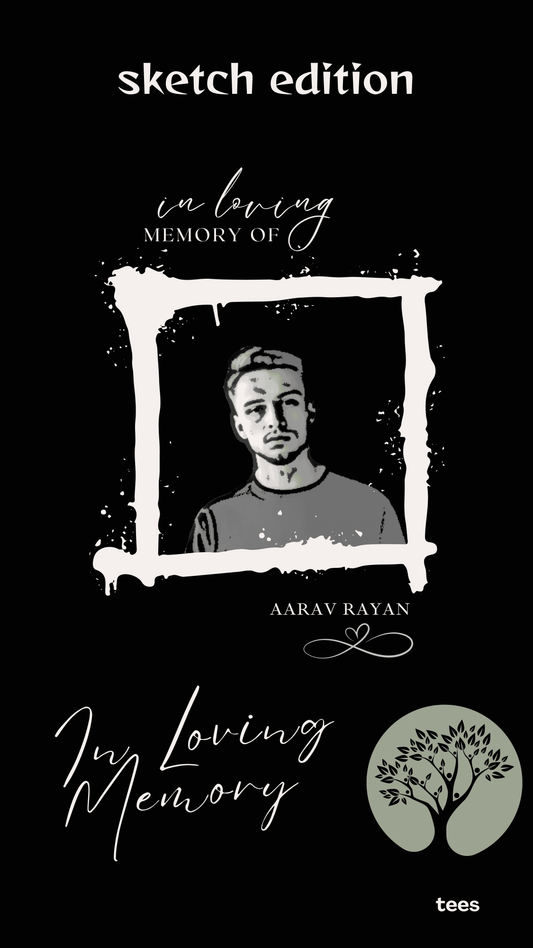 Front design of the black ViNK "In Loving Memory" Sketch Edition T-shirt features a customised sketched portrait print of your loved one within a botanical frame, that has the inscription “In Loving Memory Of” which is anchored by an infinity heart symbol below the name, representing eternal, heartfelt love and remembrance. Available in sizes upto 5XL.
