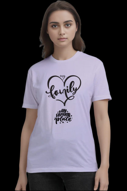 Front design of the ViNK “My Family, My Place” supima cotton lavender unisex t-shirt featuring a heart-shaped “My Family” symbol — symbolizing unconditional love and deep emotional bonds — above the inscription “My Favorite Place,” capturing the essence that home is found in the people we cherish.