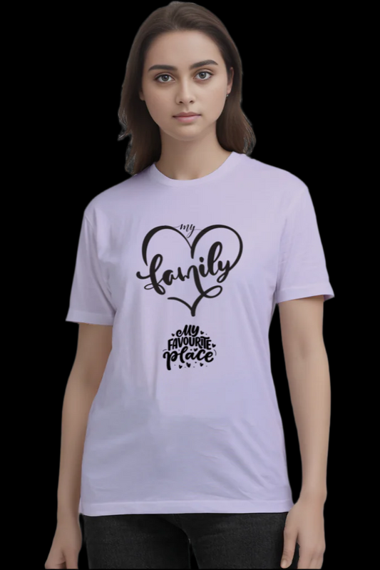Front design of the ViNK “My Family, My Place” supima cotton lavender unisex t-shirt featuring a heart-shaped “My Family” symbol — symbolizing unconditional love and deep emotional bonds — above the inscription “My Favorite Place,” capturing the essence that home is found in the people we cherish.