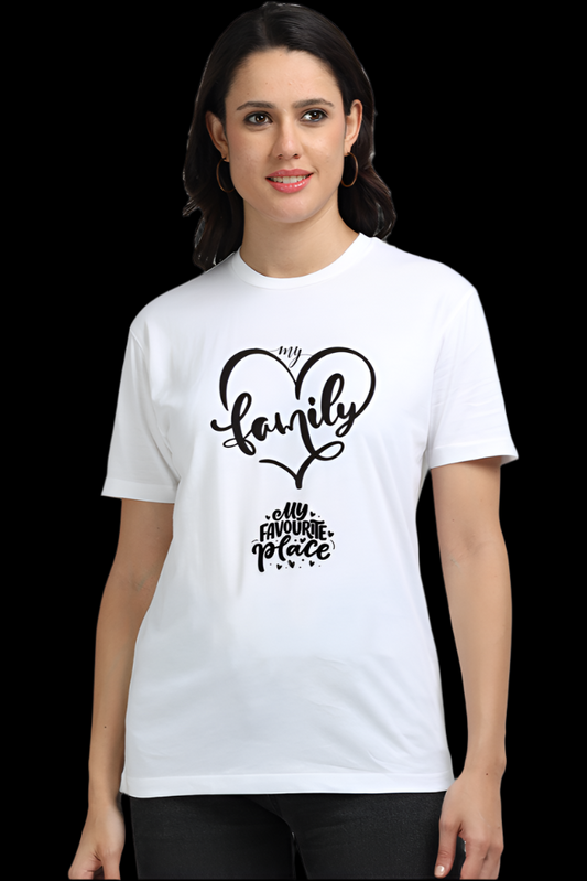 Front design of the ViNK “My Family, My Place” supima cotton lavender unisex t-shirt featuring a heart-shaped “My Family” symbol — symbolizing unconditional love and deep emotional bonds — above the inscription “My Favorite Place,” capturing the essence that home is found in the people we cherish.