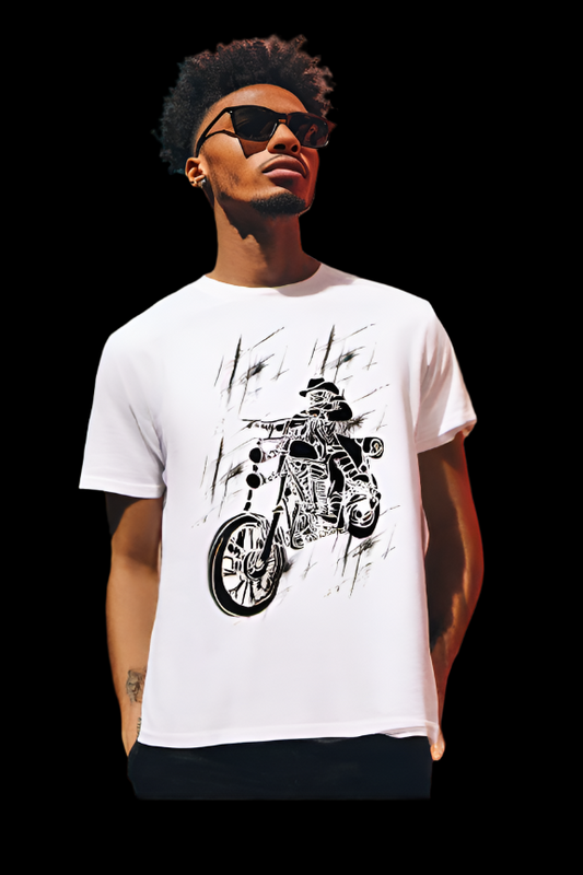 ViNK "Rider Forever | I Live To Ride Biker Edition" men white customised t-shirt, featuring a bold skeletal rider graphic on his cruiser - Biker Edition powerlook crewneck t-shirts in 180GSM cotton for modern-day alphas who rule the road