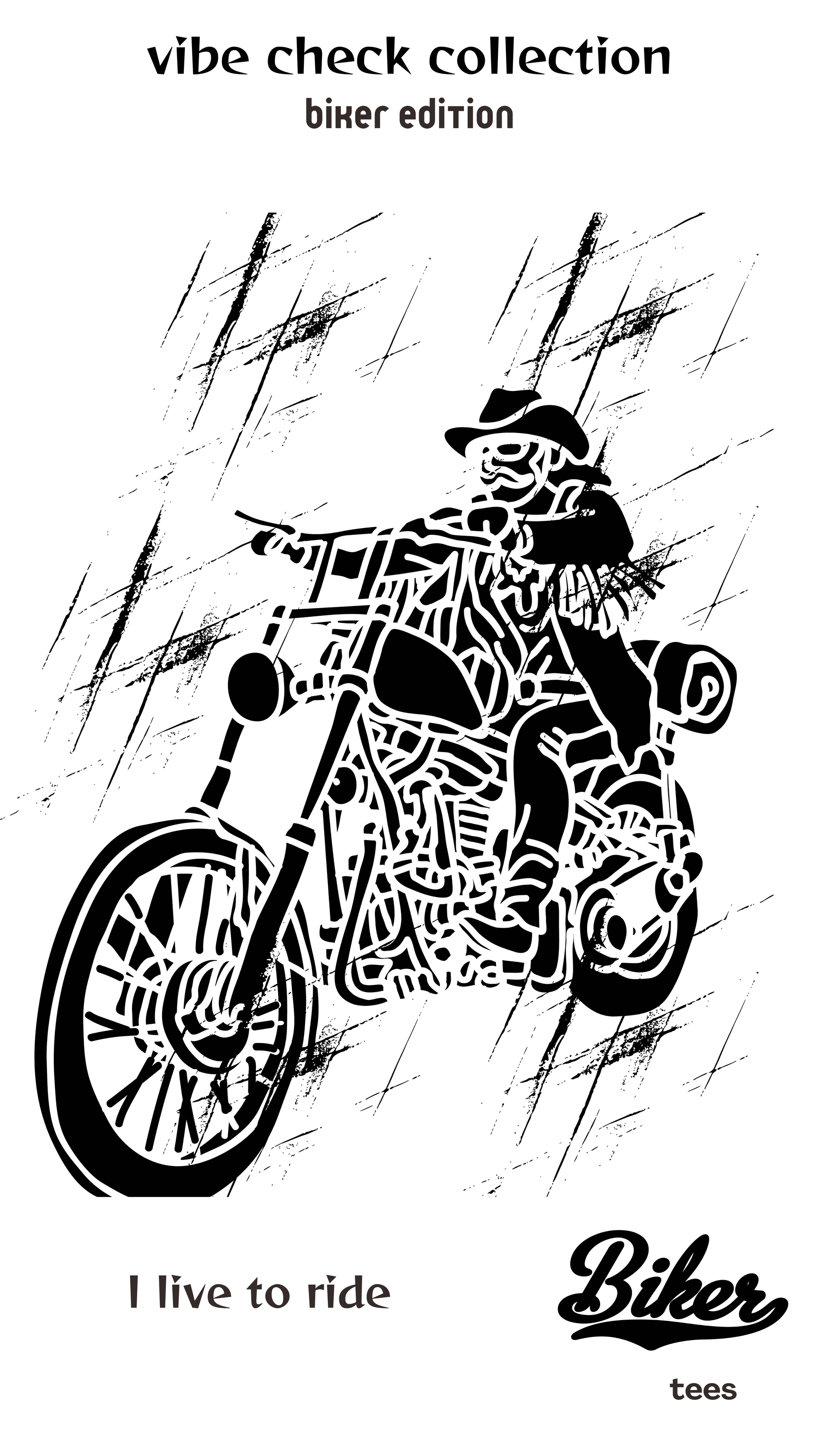 ViNK 'Rider Forever | I Live To Ride | Biker Edition' customised printed t-shirt featuring a bold skeletal rider graphic on his cruiser - Biker Edition powerlook crewneck t-shirts in 180GSM cotton for modern-day alphas who rule the road
