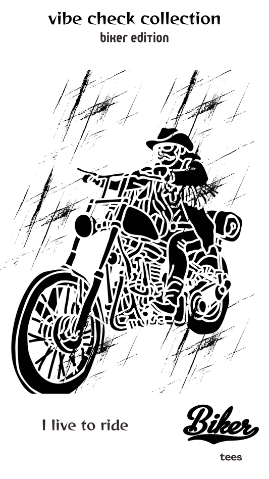 ViNK 'Rider Forever | I Live To Ride | Biker Edition' customised printed t-shirt featuring a bold skeletal rider graphic on his cruiser - Biker Edition powerlook crewneck t-shirts in 180GSM cotton for modern-day alphas who rule the road