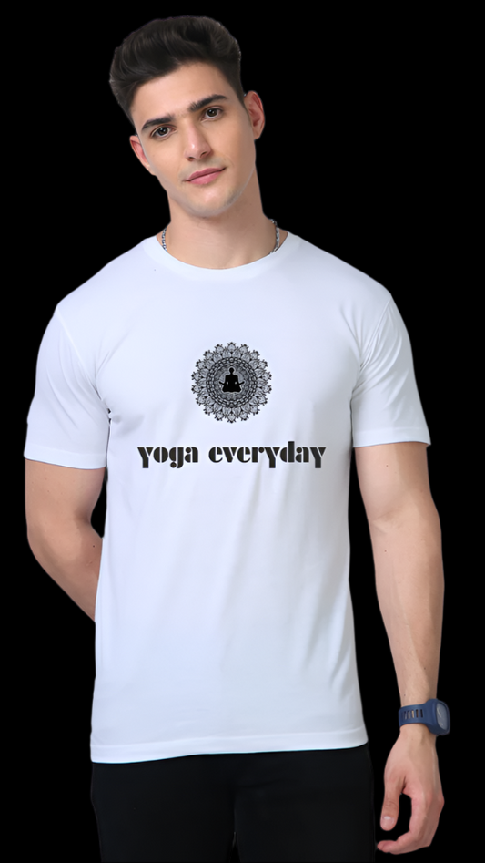 ViNK Supima cotton yoga everday unisex white t-shirt, front features a minimalistic mandala design encircling a meditative silhouette, symbolizing daily mindfulness and breath awareness. Available in sizes upto 5XL.