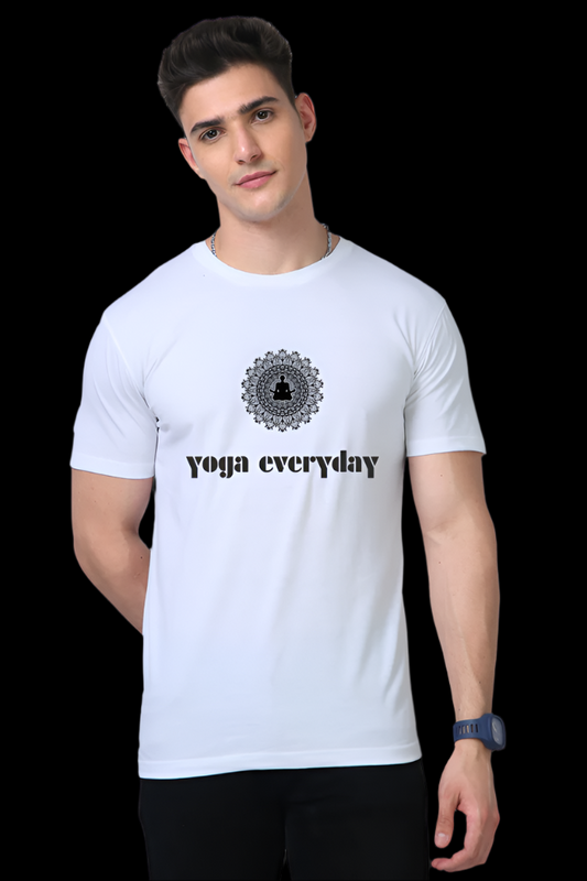 ViNK Supima cotton yoga everday unisex white t-shirt, front features a minimalistic mandala design encircling a meditative silhouette, symbolizing daily mindfulness and breath awareness. Available in sizes upto 5XL.