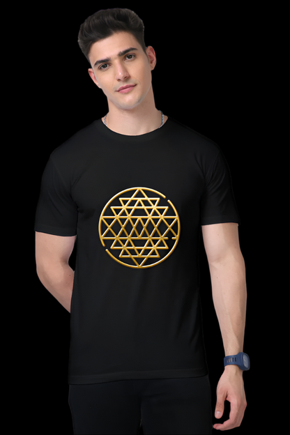 ViNK 'Shri Yantra and Ganesha' black men Supima cotton graphic t-shirt features the Yantra in radiant gold on the front, symbolizing cosmic harmony, prosperity, and spiritual balance.