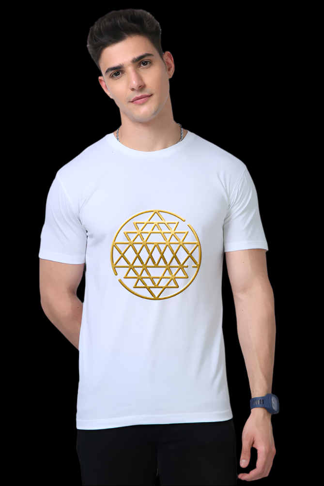 ViNK 'Shri Yantra and Ganesha' unisex white Supima cotton graphic t-shirt features the Yantra in radiant gold on the front, symbolizing cosmic harmony, prosperity, and spiritual balance.